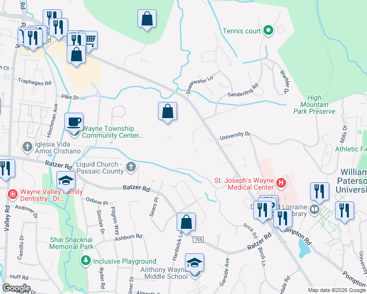map of restaurants, bars, coffee shops, grocery stores, and more near 25 Power Avenue in Wayne