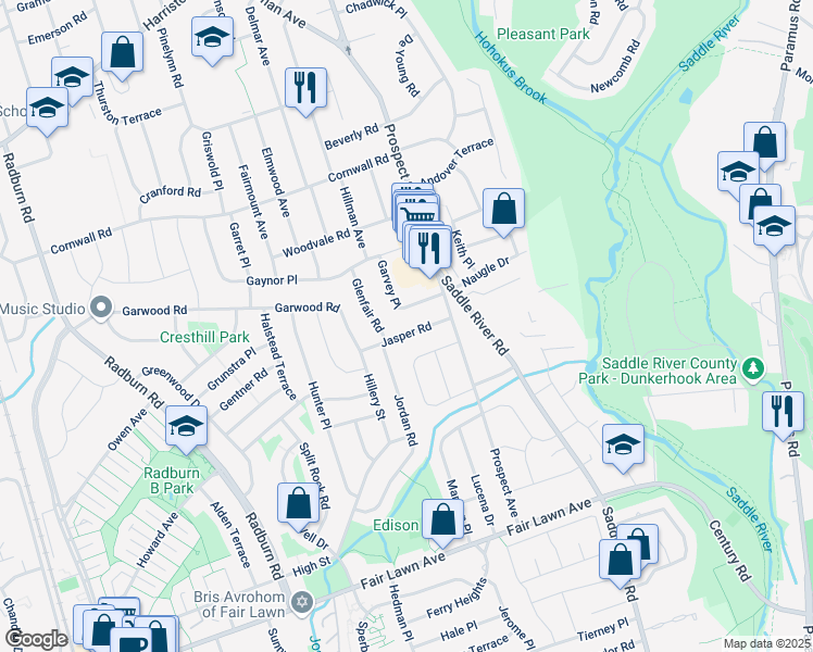 map of restaurants, bars, coffee shops, grocery stores, and more near 38-21 Garvey Place in Fair Lawn