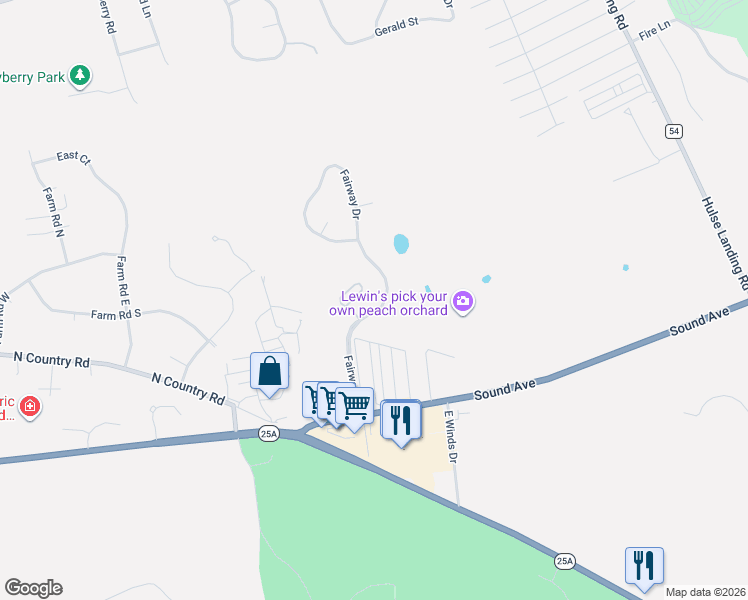 map of restaurants, bars, coffee shops, grocery stores, and more near 55 Fairway Drive in Wading River