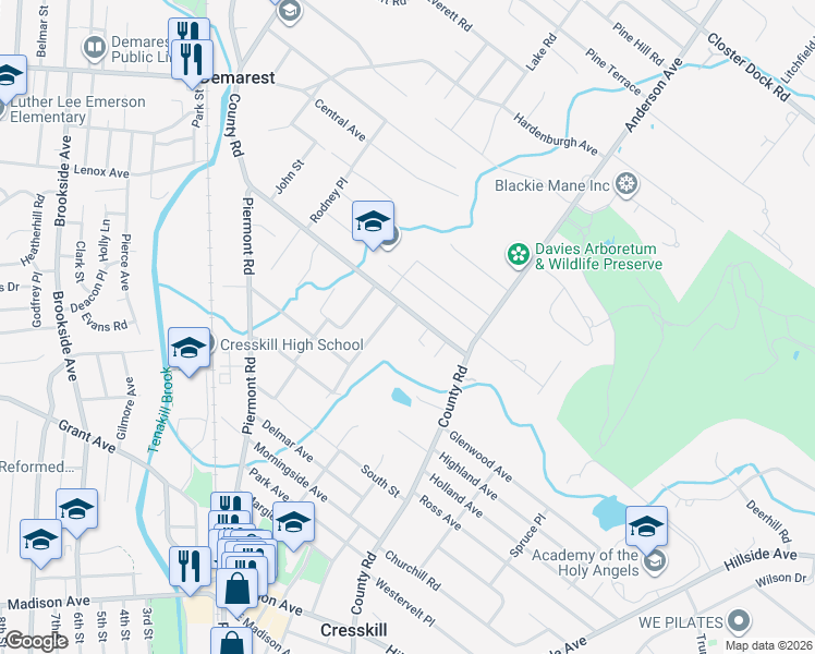 map of restaurants, bars, coffee shops, grocery stores, and more near 90 County Road in Demarest