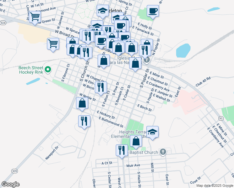 map of restaurants, bars, coffee shops, grocery stores, and more near 145 South Pine Street in Hazleton
