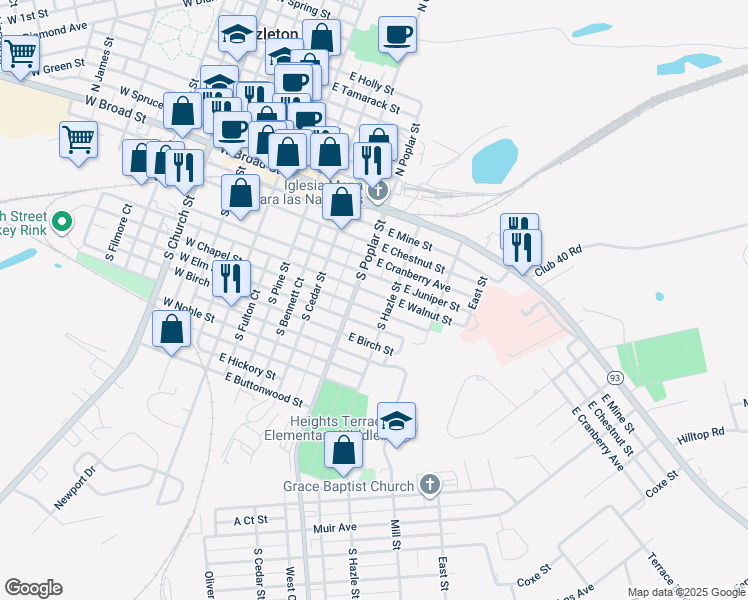 map of restaurants, bars, coffee shops, grocery stores, and more near 322 East Walnut Street in Hazleton