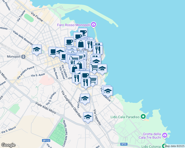 map of restaurants, bars, coffee shops, grocery stores, and more near 6 Via Levi in Monopoli