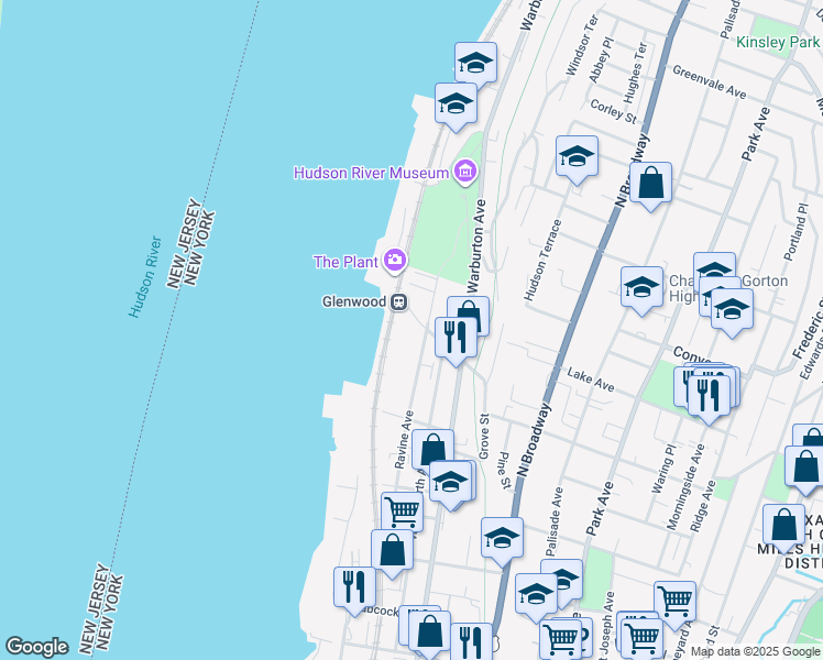 map of restaurants, bars, coffee shops, grocery stores, and more near in Yonkers