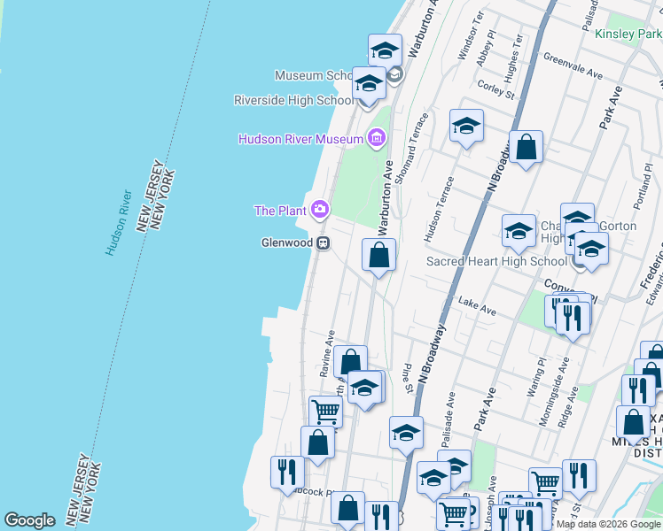 map of restaurants, bars, coffee shops, grocery stores, and more near 95-117 Ravine Avenue in Yonkers