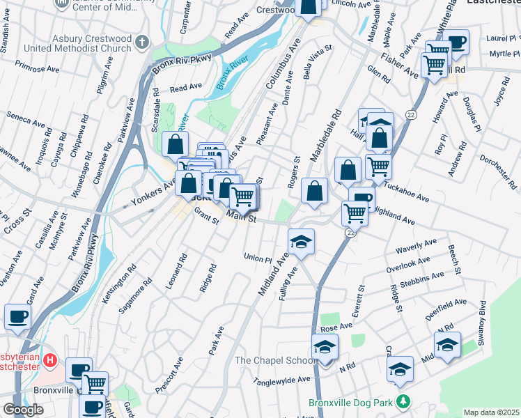 map of restaurants, bars, coffee shops, grocery stores, and more near 18 Wallace Street in Tuckahoe