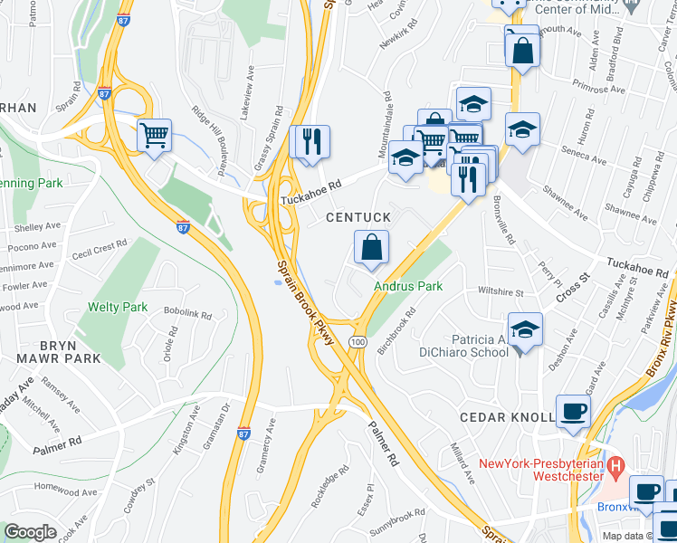 map of restaurants, bars, coffee shops, grocery stores, and more near 7 Arlington Street in Yonkers
