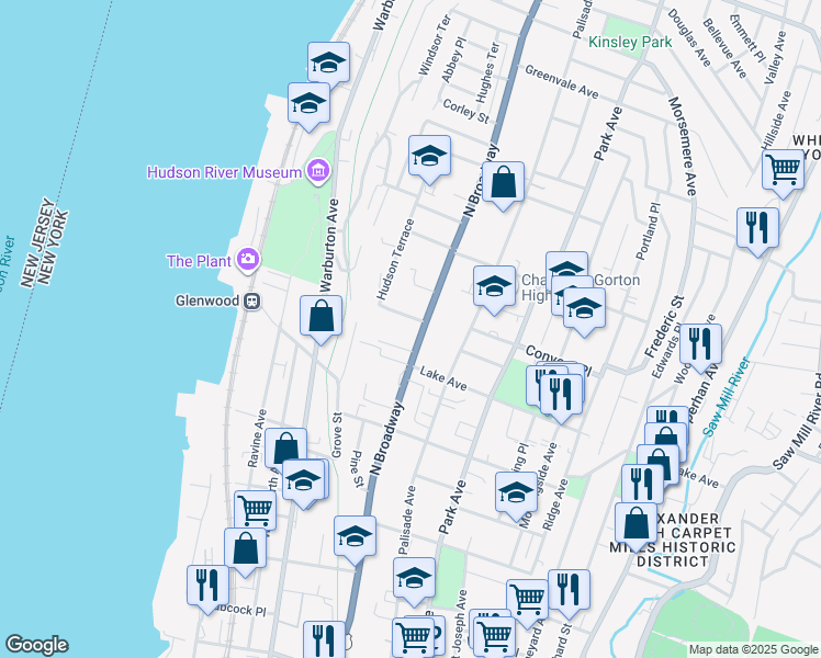 map of restaurants, bars, coffee shops, grocery stores, and more near 39 Hudson Terrace in Yonkers