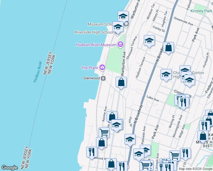 map of restaurants, bars, coffee shops, grocery stores, and more near in Yonkers