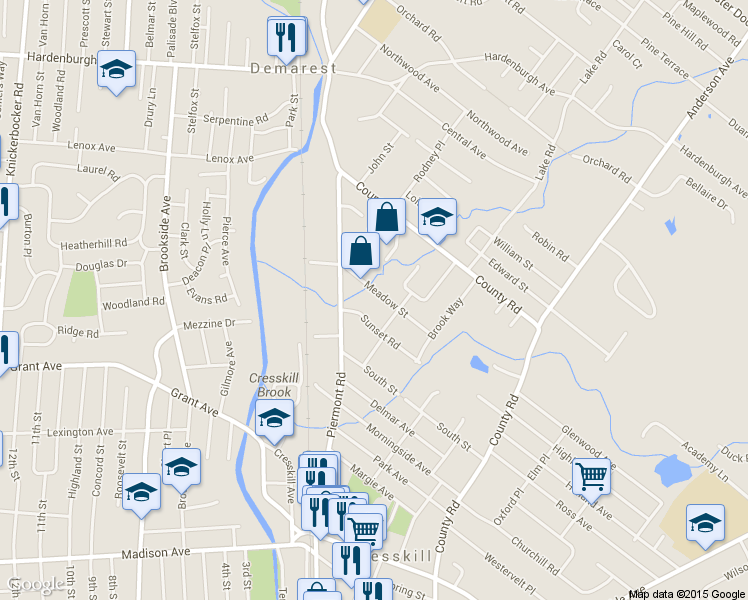 map of restaurants, bars, coffee shops, grocery stores, and more near 17 Meadow Street in Demarest