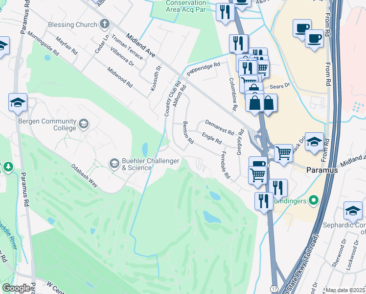 map of restaurants, bars, coffee shops, grocery stores, and more near 399 Island Road in Paramus
