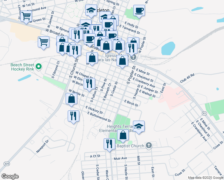 map of restaurants, bars, coffee shops, grocery stores, and more near 136 South Cedar Street in Hazleton
