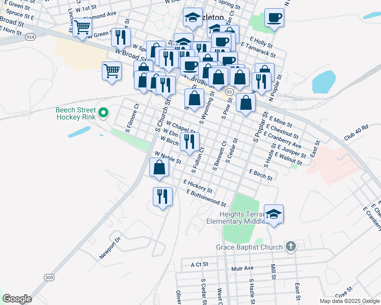 map of restaurants, bars, coffee shops, grocery stores, and more near 168 South Wyoming Street in Hazleton
