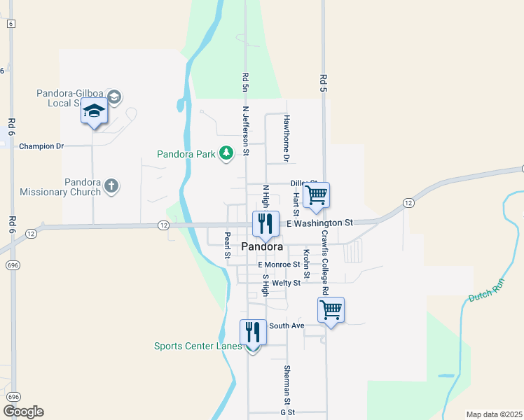 map of restaurants, bars, coffee shops, grocery stores, and more near 201-299 North High Street in Pandora