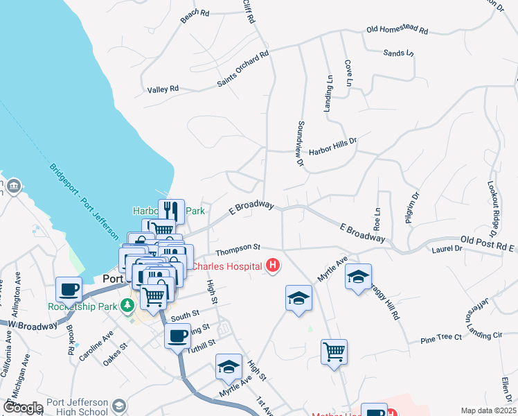 map of restaurants, bars, coffee shops, grocery stores, and more near 238 Bayview Terrace in Port Jefferson