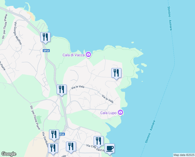 map of restaurants, bars, coffee shops, grocery stores, and more near 62 Via Punta Negra in Stintino