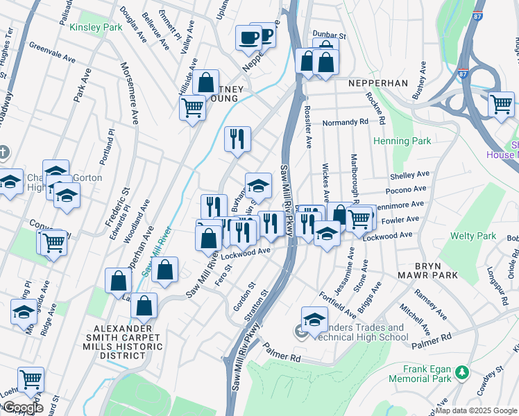 map of restaurants, bars, coffee shops, grocery stores, and more near 50 Colin Street in Yonkers