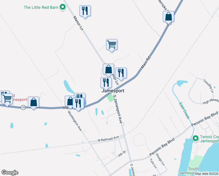 map of restaurants, bars, coffee shops, grocery stores, and more near in Jamesport