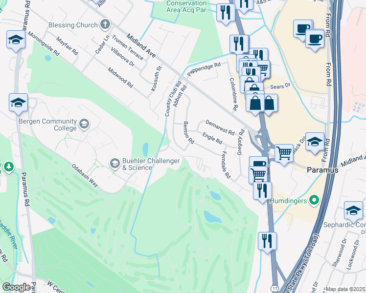 map of restaurants, bars, coffee shops, grocery stores, and more near 399 Island Road in Paramus