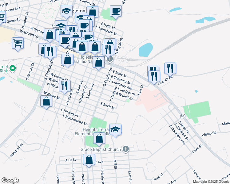 map of restaurants, bars, coffee shops, grocery stores, and more near 401 East Walnut Street in Hazleton