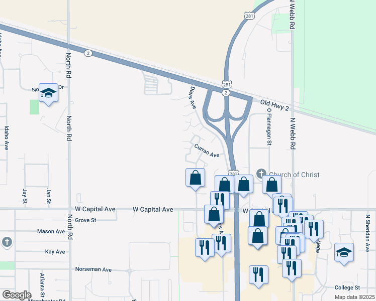 map of restaurants, bars, coffee shops, grocery stores, and more near 3621-3625 Curran Court in Grand Island