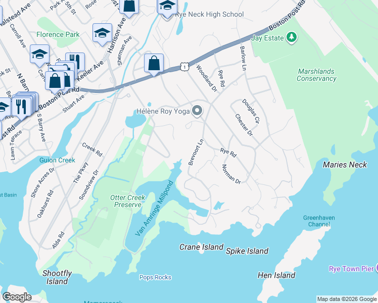 map of restaurants, bars, coffee shops, grocery stores, and more near 41 Brevoort Lane in Rye