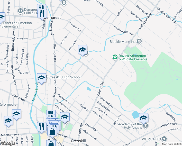 map of restaurants, bars, coffee shops, grocery stores, and more near 90 County Road in Demarest