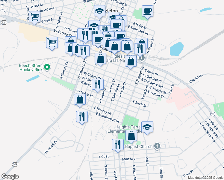 map of restaurants, bars, coffee shops, grocery stores, and more near 145 South Pine Street in Hazleton