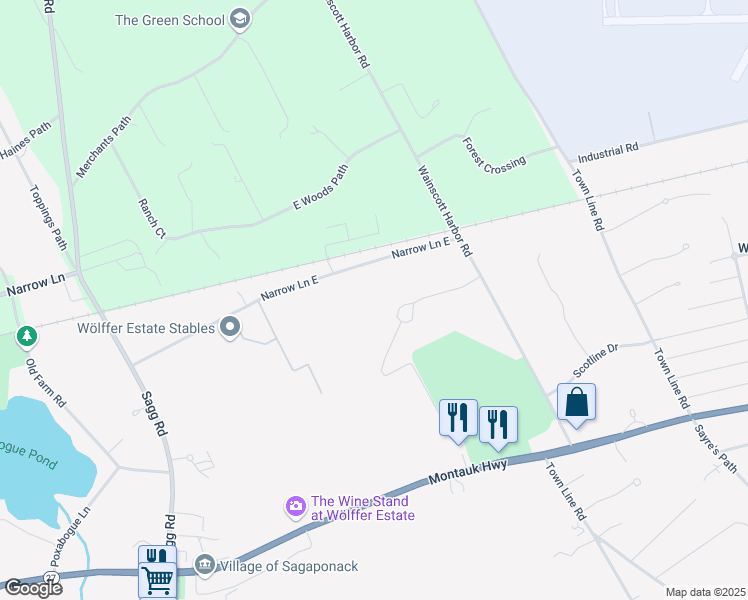 map of restaurants, bars, coffee shops, grocery stores, and more near 245 Narrow Lane East in Sagaponack