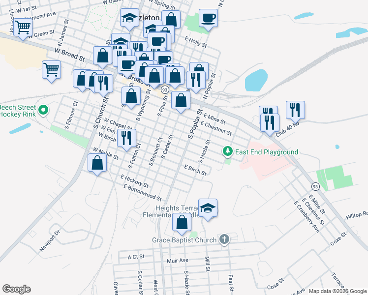 map of restaurants, bars, coffee shops, grocery stores, and more near 306 East Walnut Street in Hazleton