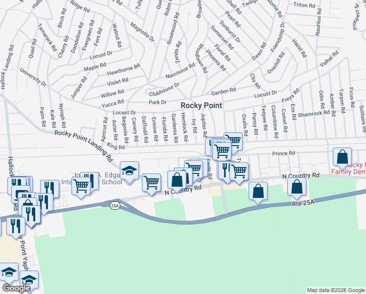 map of restaurants, bars, coffee shops, grocery stores, and more near 70 King Road in Rocky Point