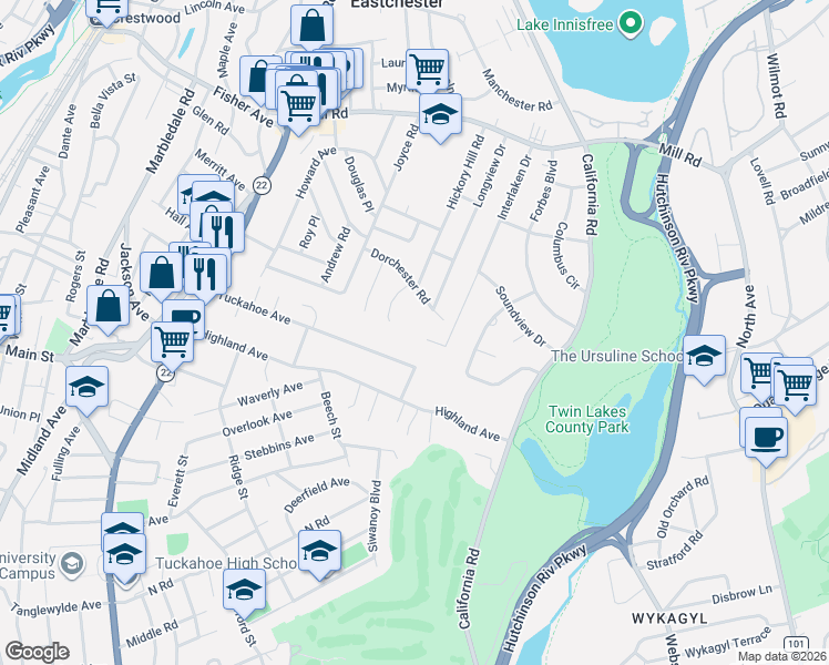 map of restaurants, bars, coffee shops, grocery stores, and more near 4 Joan Drive in Eastchester