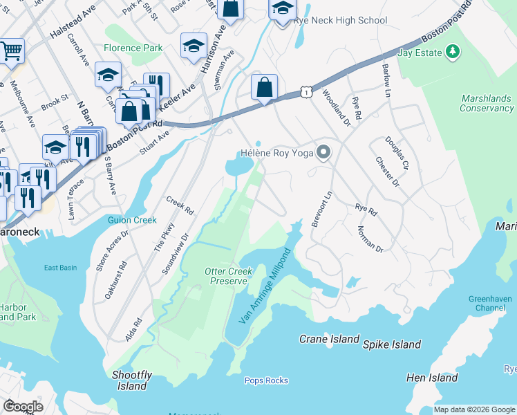 map of restaurants, bars, coffee shops, grocery stores, and more near 655 Barrymore Lane in Mamaroneck