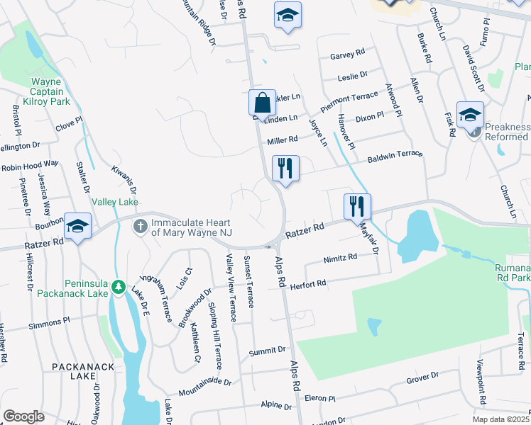 map of restaurants, bars, coffee shops, grocery stores, and more near 4 Forest Hill Drive in Wayne