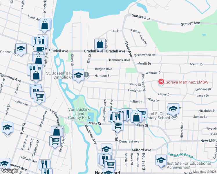 map of restaurants, bars, coffee shops, grocery stores, and more near 153 Center Street in New Milford