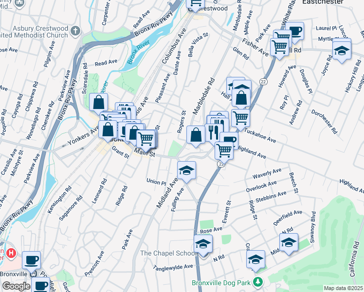 map of restaurants, bars, coffee shops, grocery stores, and more near 4 Marble Place in Tuckahoe