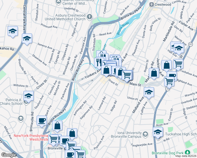 map of restaurants, bars, coffee shops, grocery stores, and more near 68 Lake Avenue in Tuckahoe