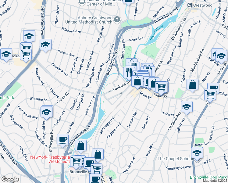 map of restaurants, bars, coffee shops, grocery stores, and more near 42 Yonkers Avenue in Tuckahoe