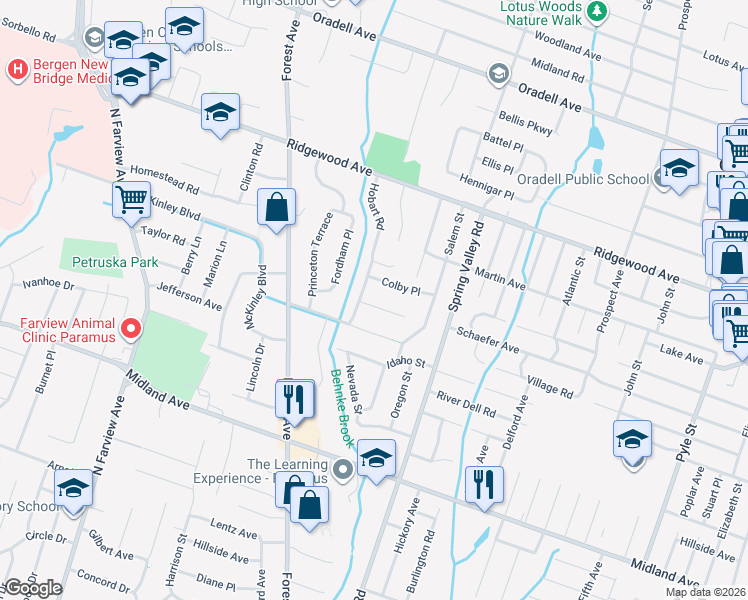 map of restaurants, bars, coffee shops, grocery stores, and more near 269 Columbia Terrace in Paramus
