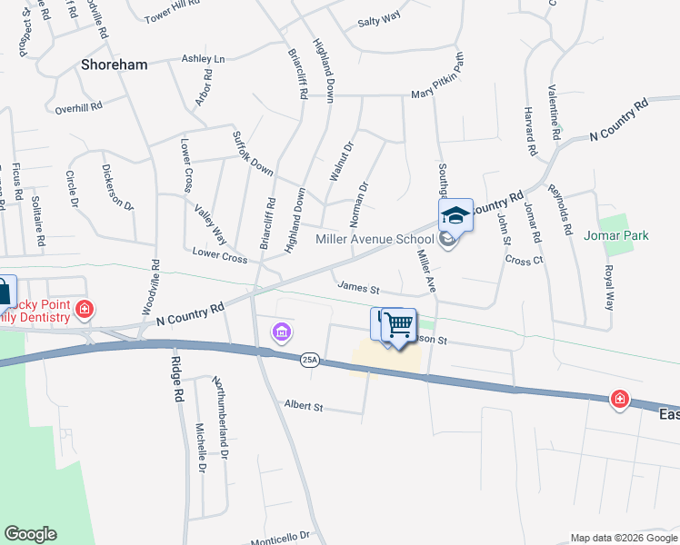 map of restaurants, bars, coffee shops, grocery stores, and more near 66 North Country Road in Shoreham
