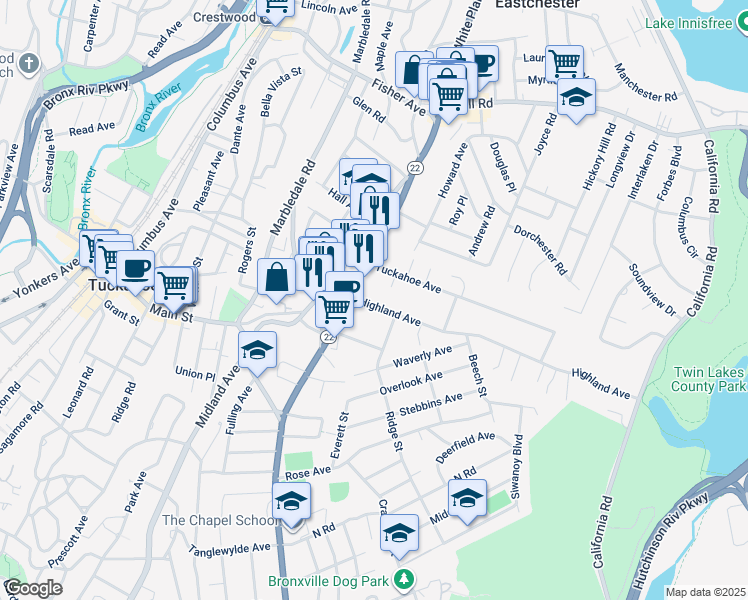 map of restaurants, bars, coffee shops, grocery stores, and more near 27 Highland Avenue in Eastchester