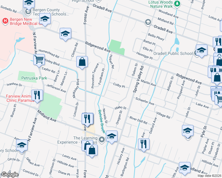 map of restaurants, bars, coffee shops, grocery stores, and more near 269 Columbia Terrace in Paramus