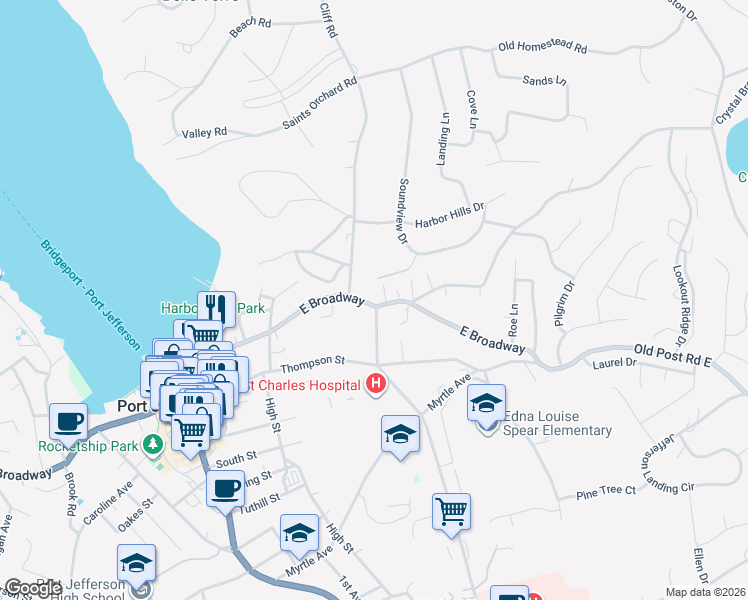 map of restaurants, bars, coffee shops, grocery stores, and more near 411 East Broadway in Port Jefferson
