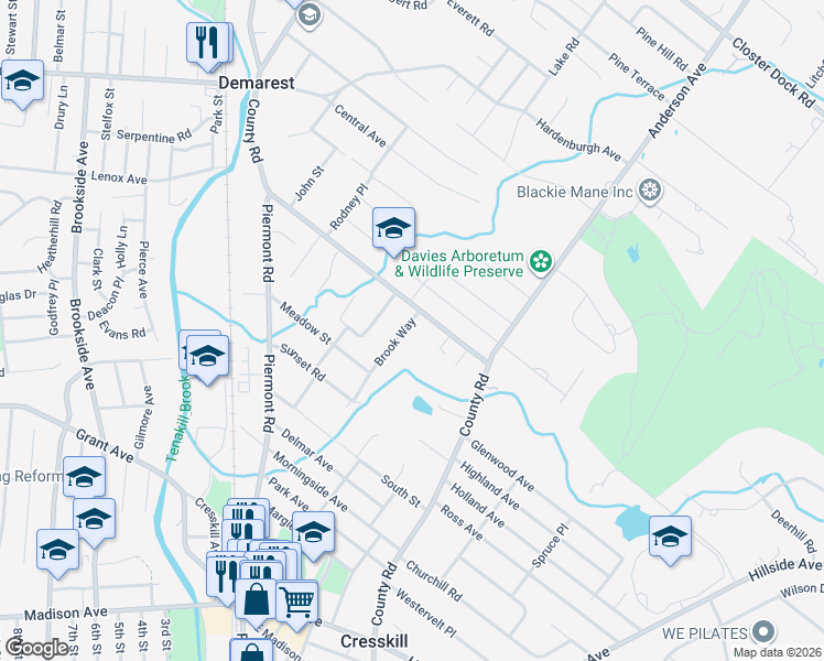 map of restaurants, bars, coffee shops, grocery stores, and more near 8 Brook Way in Demarest