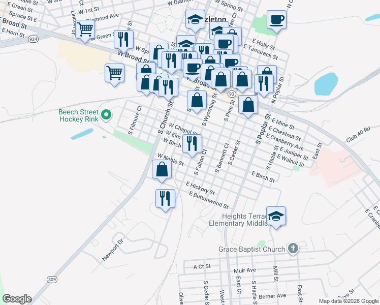 map of restaurants, bars, coffee shops, grocery stores, and more near 168 South Wyoming Street in Hazleton