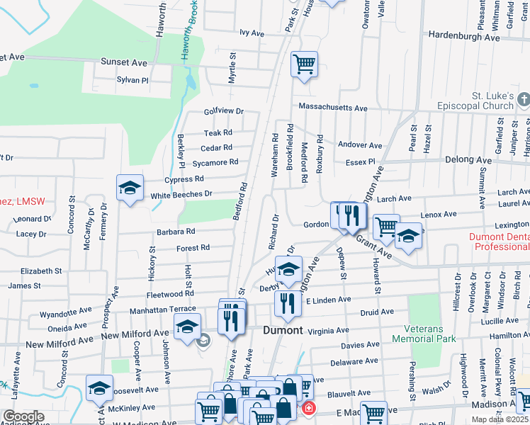 map of restaurants, bars, coffee shops, grocery stores, and more near 193 Sunset Street in Dumont
