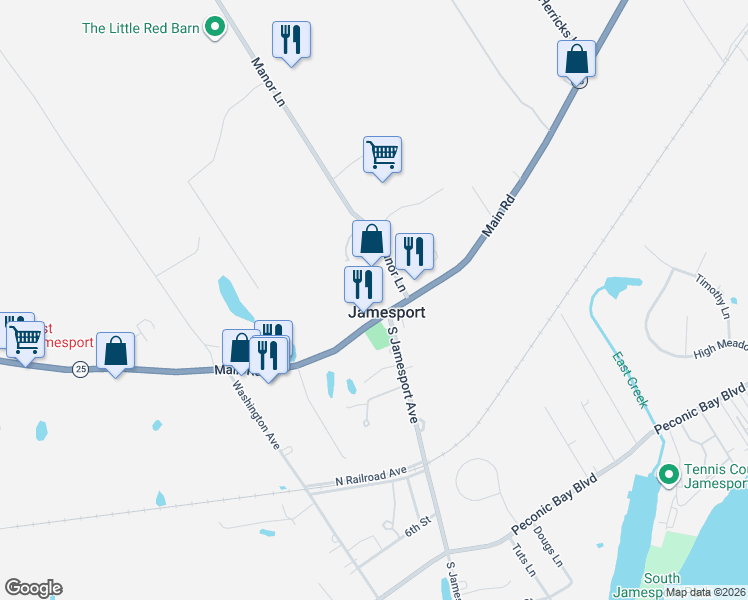 map of restaurants, bars, coffee shops, grocery stores, and more near in Jamesport