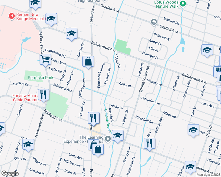 map of restaurants, bars, coffee shops, grocery stores, and more near 503 Hobart Road in Paramus
