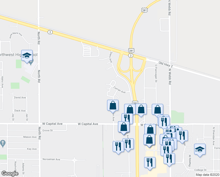 map of restaurants, bars, coffee shops, grocery stores, and more near 3621 Curran Court in Grand Island
