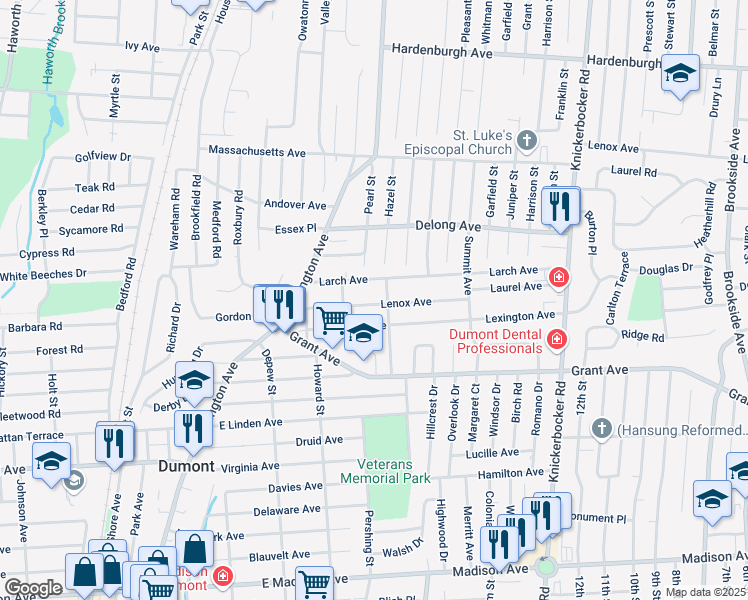 map of restaurants, bars, coffee shops, grocery stores, and more near 68 Lenox Avenue in Dumont